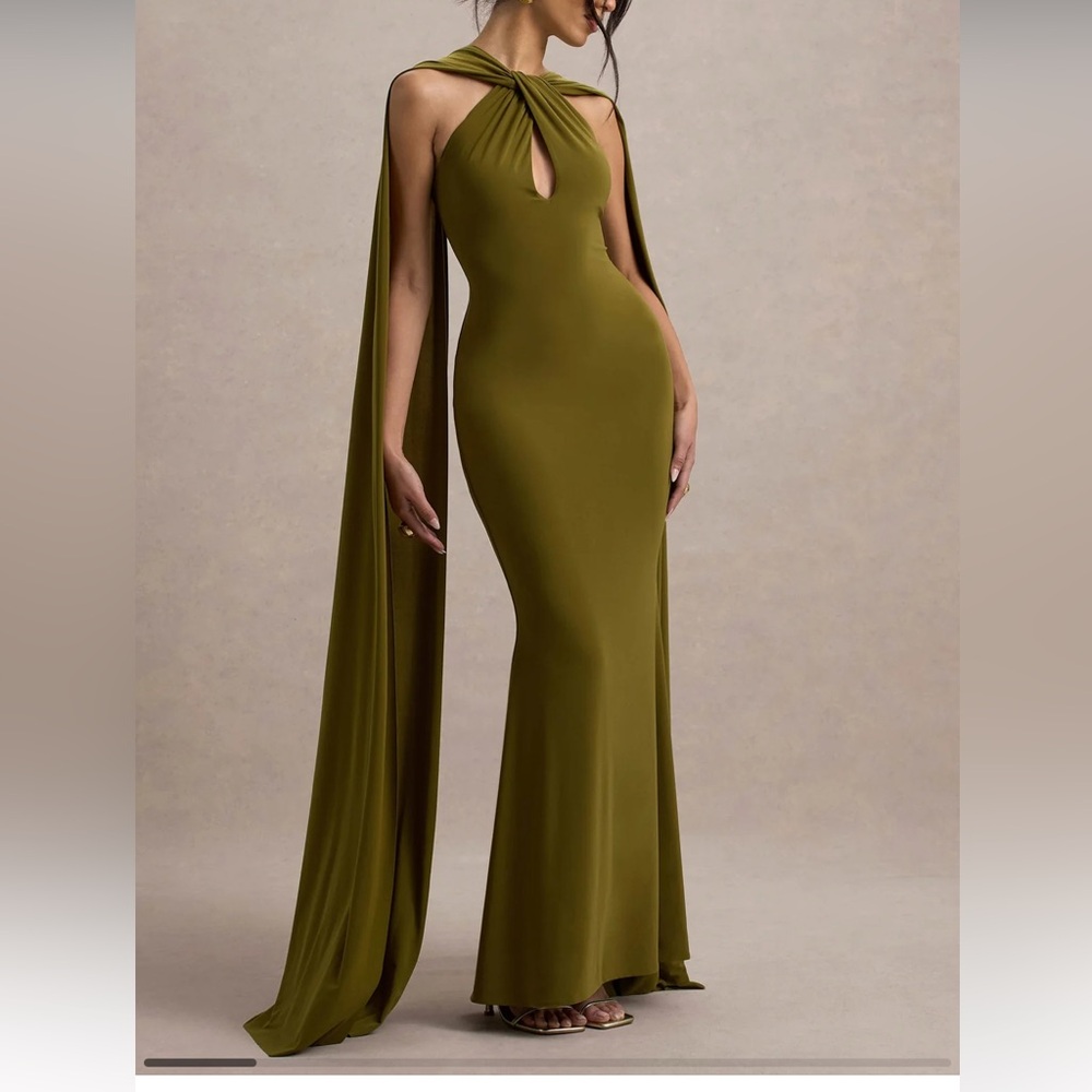 RHODA
Green Twist Halter-Neck Cape Maxi Dress